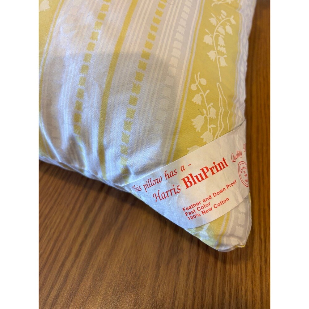Vtg feather down pillow Harris bluprint ticking floral yellow stripes queen - Picture 2 of 7